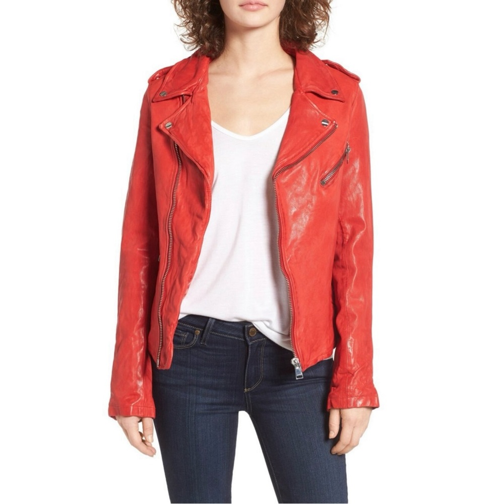 NWT LAMARQUE Washed Asym Moto Red Leather Jacket Size M